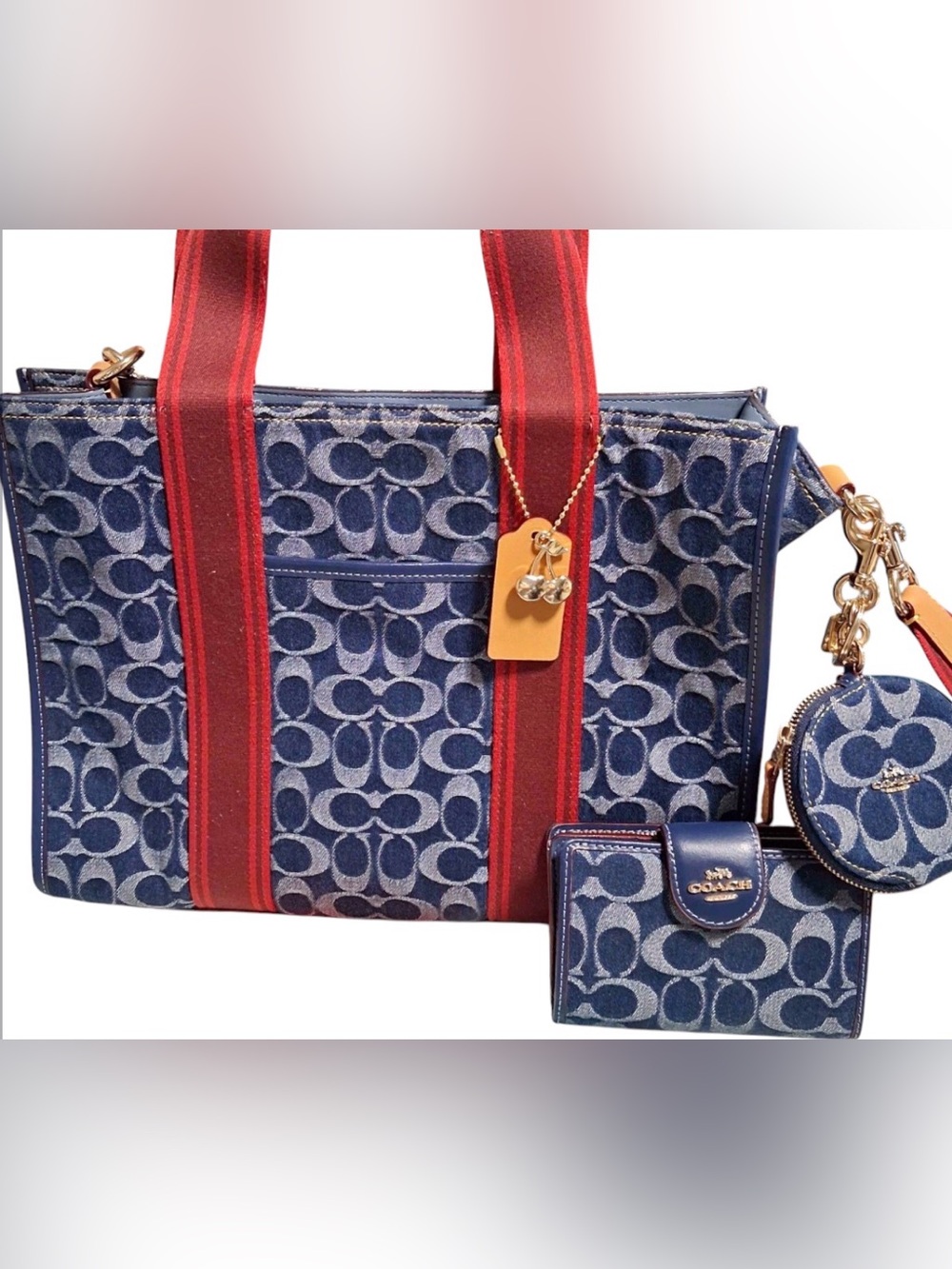 3 PC- Coach Blue Signature Canvas Tote with Red Straps M2480-CY699